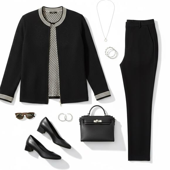 Misook 3 Pc Pantsuit Black Metallic Knit Cardigan Shell Vintage 80s L - Picture 2 of 16